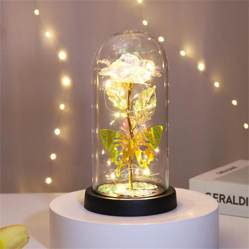 LED Galaxy Rose Lamp with Butterfly, Gold Foil Flower & Acrylic Dome, Battery Powered Romantic Decor for Home Wedding Party Festival Celebration 22×11×11cm белый