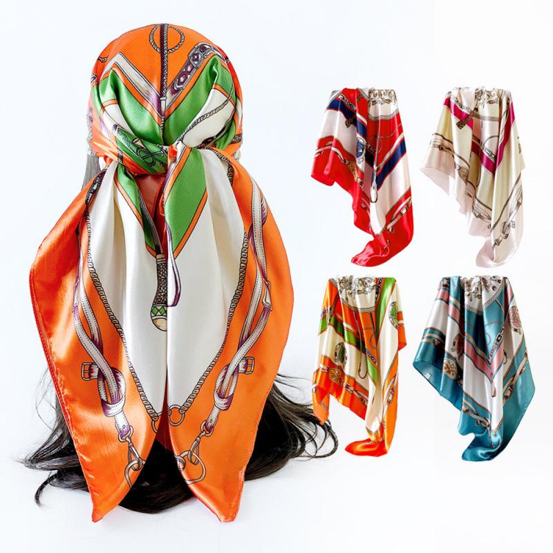 90cm Silk Scarf Headscarf Classic Scepter Print Silk Scarf Women's Satin Square Scarf Shawl