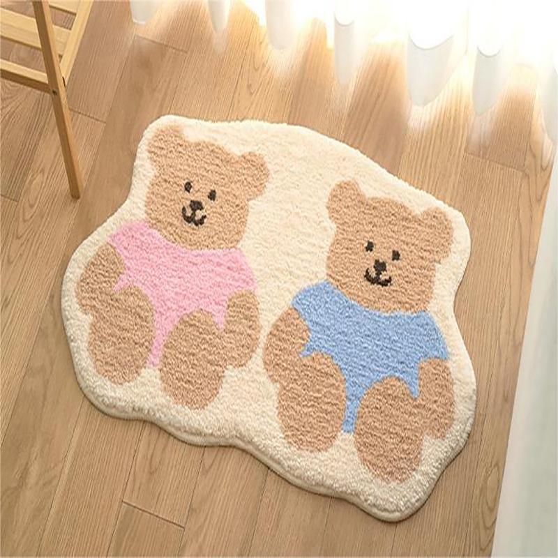Bathroom Door Mat Cartoon Style Cute Bear Imitation Cashmere Absorbent Non Slip Floor Mats for Living Room Coffee Table