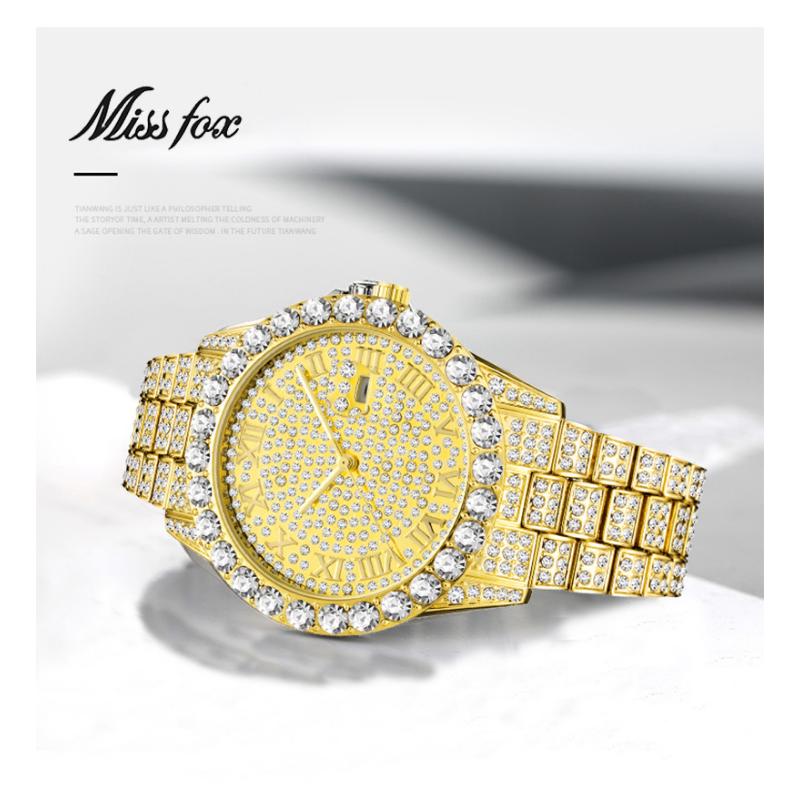 Ceas Hip Hop Fierbinte cu Gheață pentru Bărbați Marca MISSFOX Modă Bling Ceasuri Quartz de Lux cu Diamante Complete