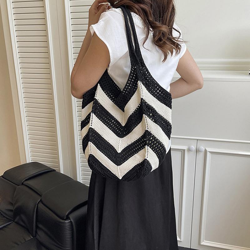 Women's Roomy Woven Net Backpack, Perfect for Summer Vacations, Casual Knitted Hollow-out Shoulder Bag KTB