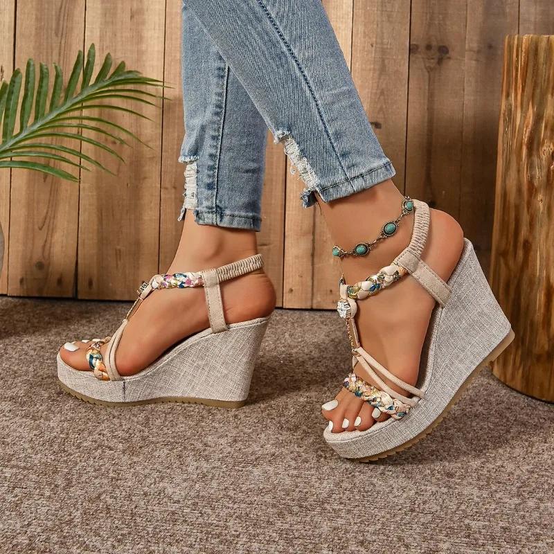 Fashion Ladies Shoes On Sale 2024 High Quality Elastic Band Women's Sandals Summer Platform Mixed Colors Outdoor Casual Wedge Sandals
