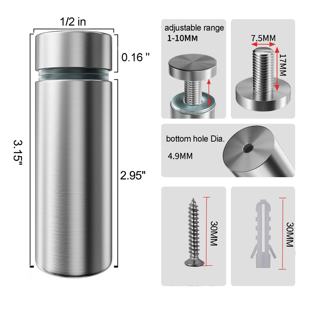 Sign Standoff Screws 1/2 X 1 Inch Stainless Steel Stand Off Wall Mounts Advertising Screw Hardware for Acrylic Signs