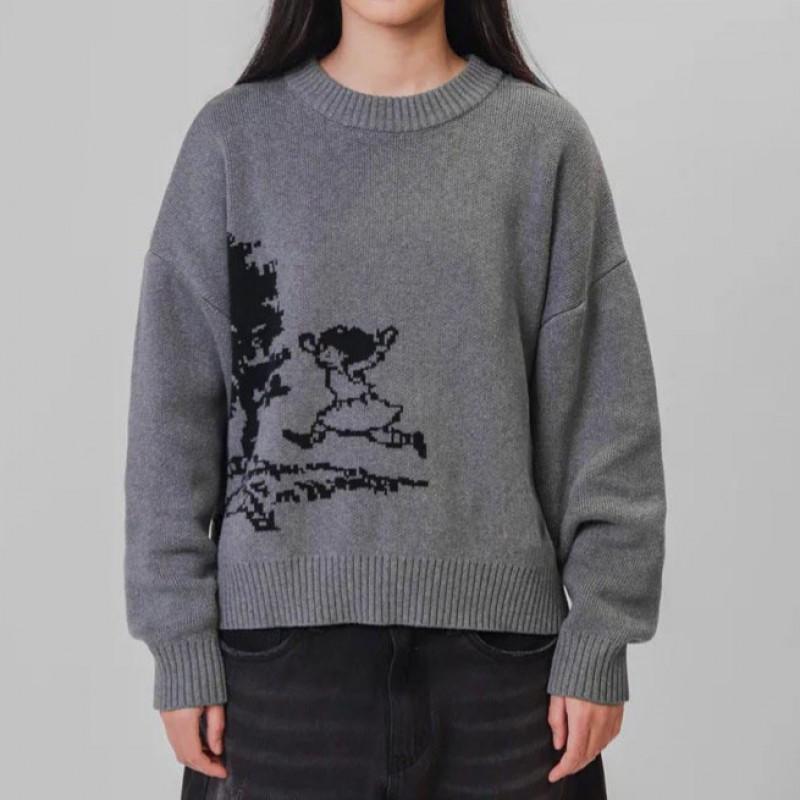 Winter Cartoon Harajuku Style Pullover Sweater Loose Fit Round Neck Knit Top Women