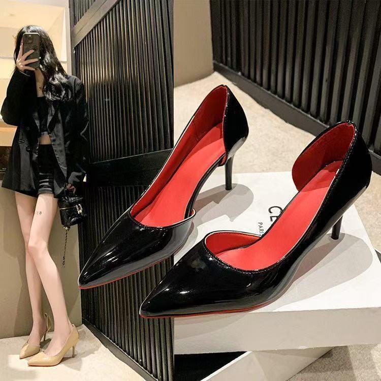 Red-soled High-heeled Shoes for Women's 2025 New Patent Leather Color-sensitive Side Empty Pointed Thin Heel Non-slip Light-mouth Women's Single Shoes