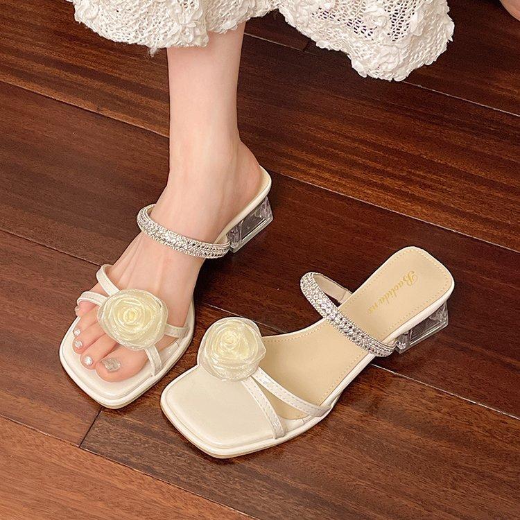 Beautiful Flower Set Toe Slippers Girl 2025 Summer Rhinestone with Toe Sandals Thick Heel Fairy with Skirt Sandals