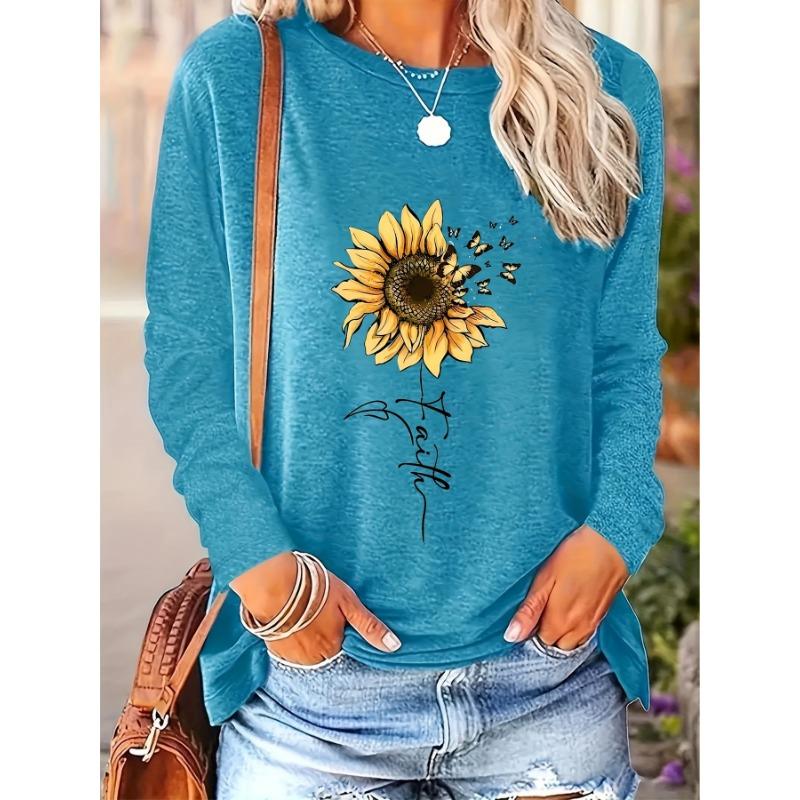 Women's Spring and Autumn Flower Print Round Neck Long Sleeves