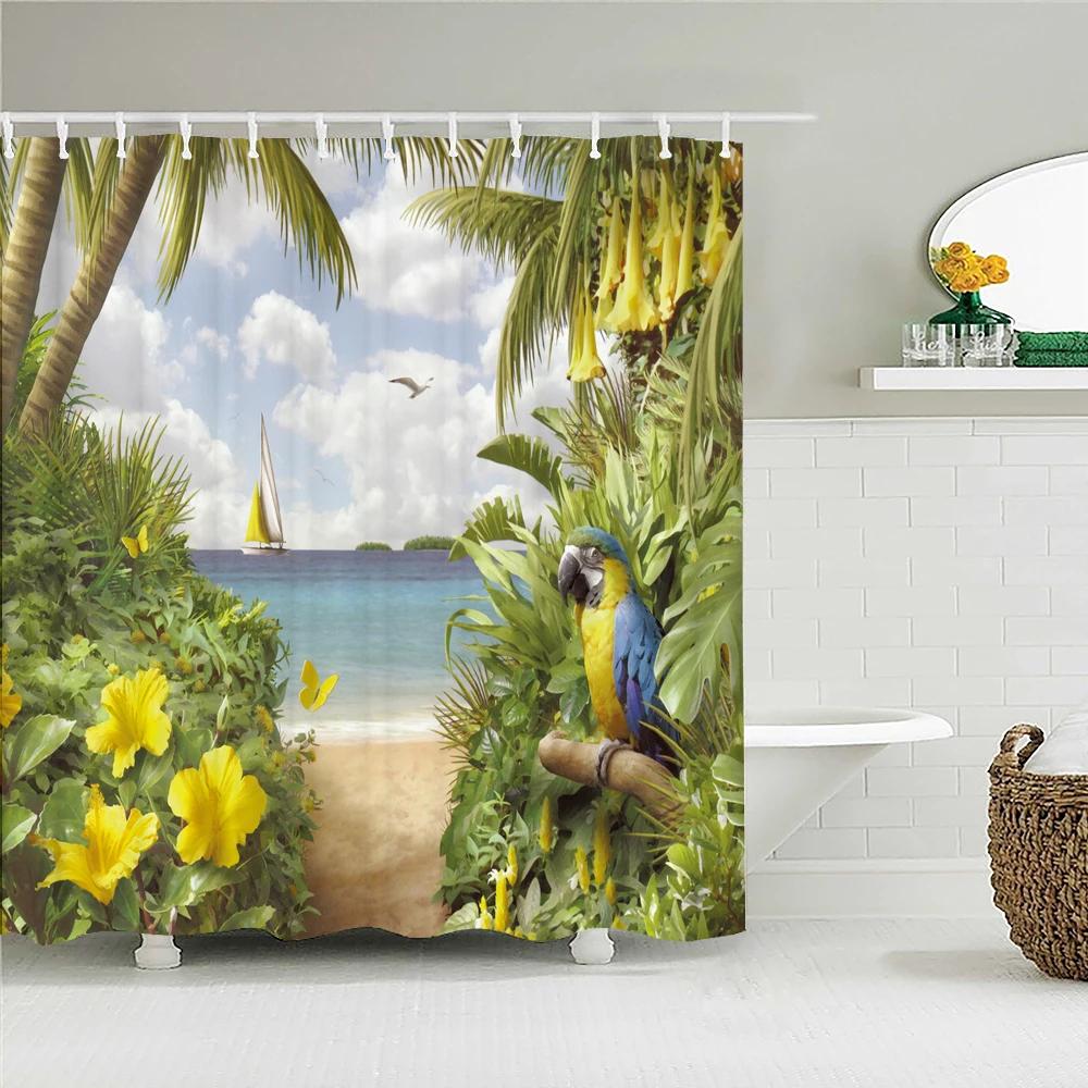 Tropical Plants Animals Bathroom Curtains Green Leaf Plant Waterproof Polyester Shower Curtain Nordic Home Bath Room Decoration