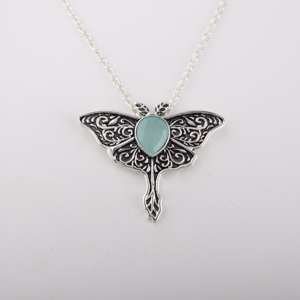 Aqua Chalcedony Gemstone 925 Sterling Silver Jewelry Butterfly Boho Pendant1.2" CP-31-21