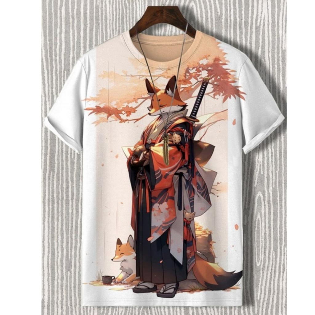 Men's T-Shirt Japanese Style Samurai Cat Graphic 3D Printed T-Shirt Casual Short Sleeved Tee Outdoor Oversized Men Clothing Tops