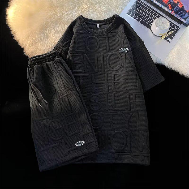 Unisex Wafelkowy T-shirt z Krótkim Rękawem w Stylu College i Luźne Szorty z Literami