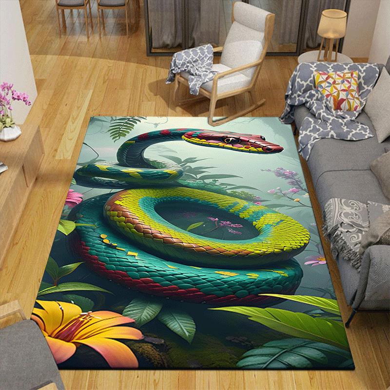 1pc Calm Green Snake Print, Design Indoor Area Rug - Soft, Anti-Slip, and Durable Gaming Room Decor for Bedroom