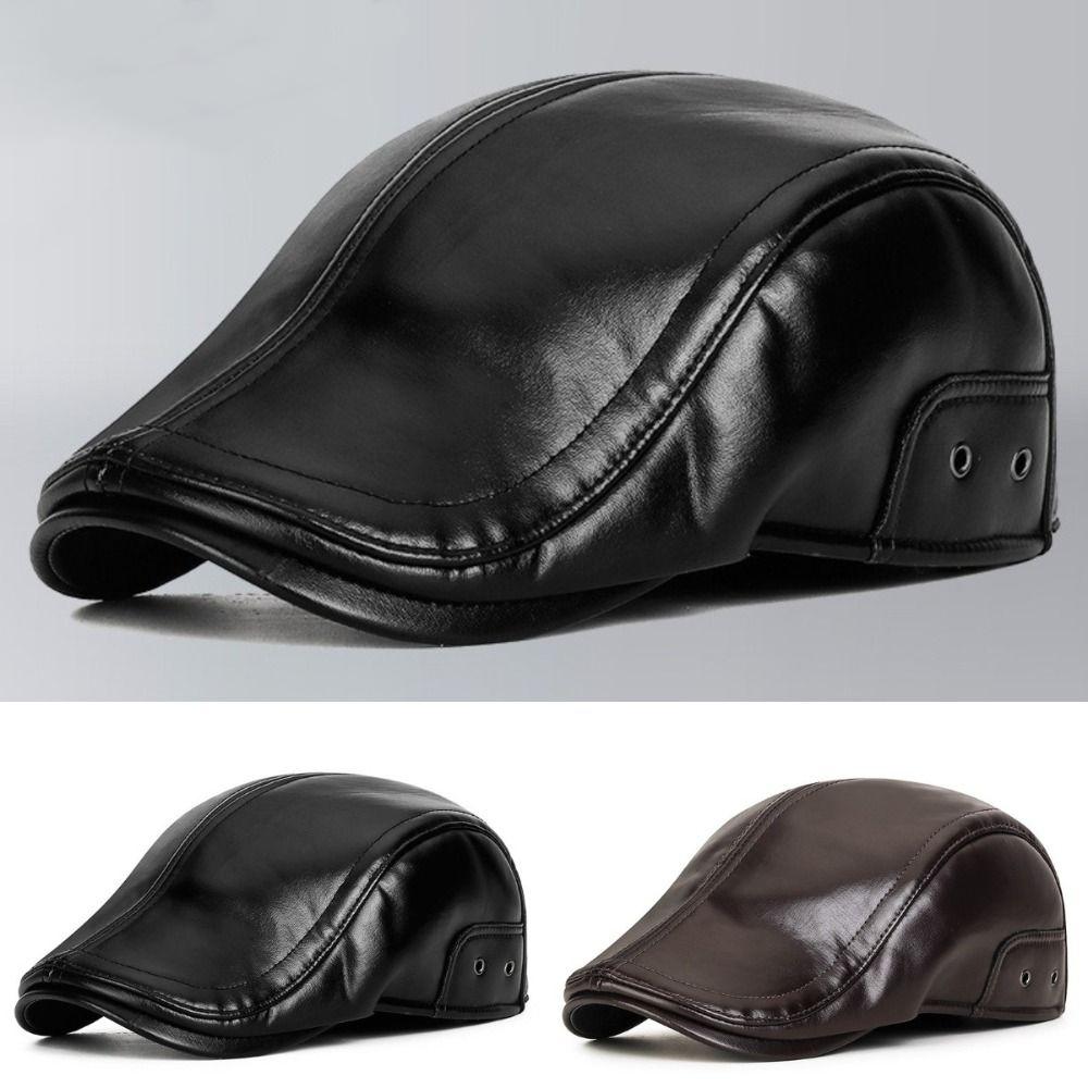 PU Leather Middle-aged Elderly Duck Tongue Hat Short Brim Flat Visor Cap Newsboy Flat Cap  Autumn