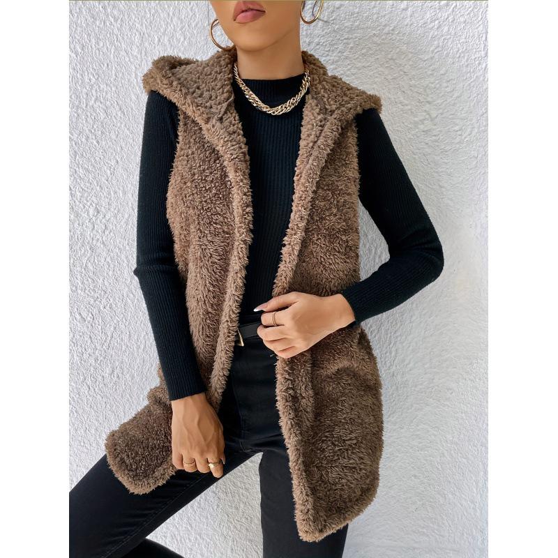 In Stock! Women s Fashion Plush Long Cardigan Vest - European and American Casual Outerwear S темно-коричневого