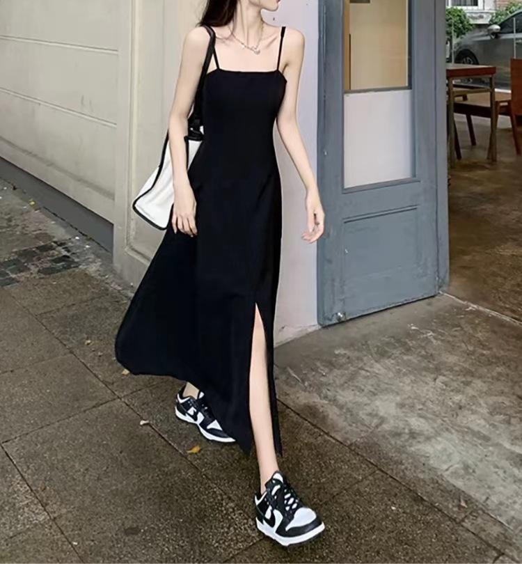Split Design Suspender Dress Women's Summer New Hepburn Style Waist Thin Medium and Long Small Black Dress