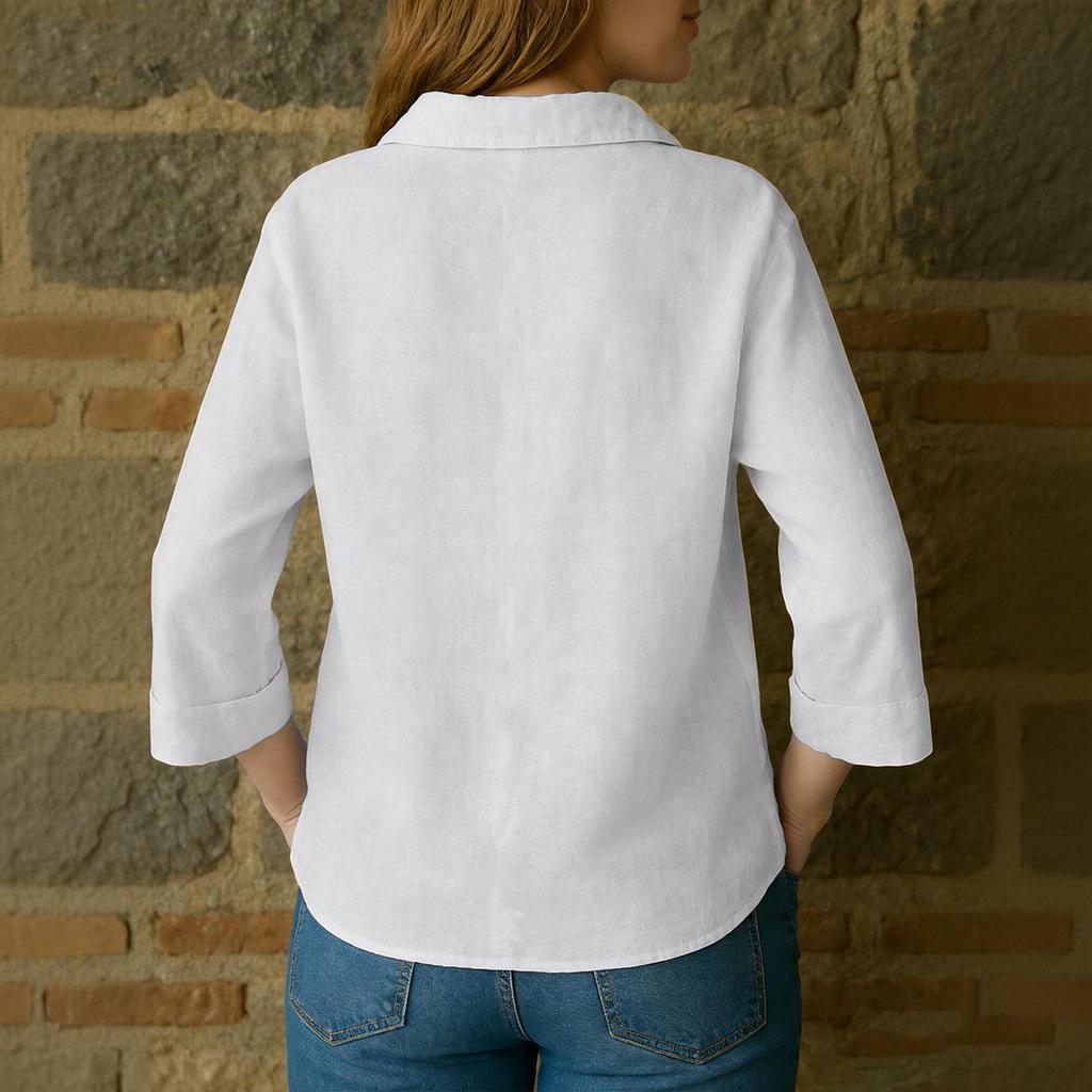 Women's Color Button Pocket Lapel Loose Cotton And Linen Shirt Top