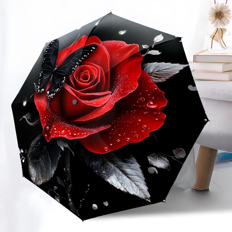 Schöner Roter Rosen-Regenschirm, Leicht und Tragbar, 8-Rippen-Eisenrahmen, Perfekt für Reisen im Freien, Wohnaccessoire, Weihnachtsgeschenk