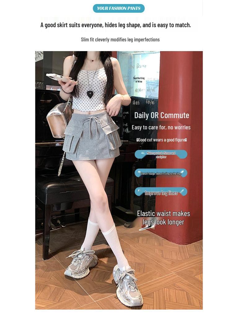 Women's Gray High Waist A-line Skort - Summer 2025 Slimming Petite Anti-Exposure Sports Skirt