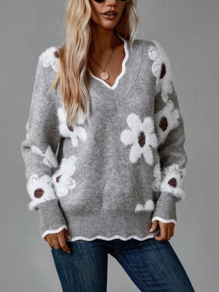 Women's Faux Mink Jacquard Lace Collar Knit Pullover Sweater for Autumn/Winter
