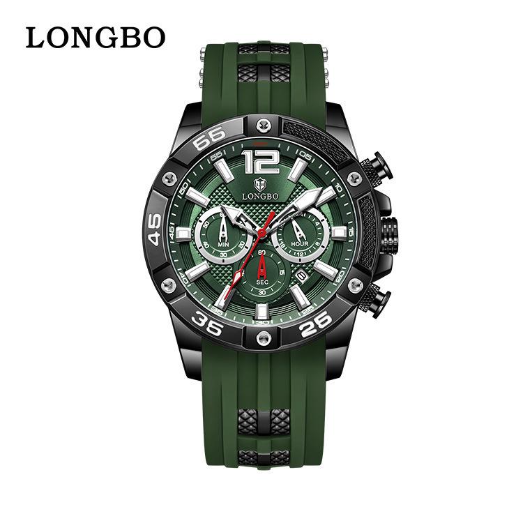 LONGBO Multifunktionale Herren-Sport-Quarzuhr - Wasserdicht, Leuchtend, mit Kalender und Silikonarmband