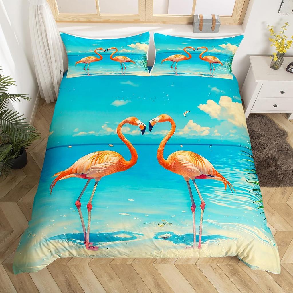 Flamingo Duvet Cover Set Tropical Animal Pattern King Bedding Set Girls Pink Floral Quilt Cover Queen Full Comforter Covers 3Pcs