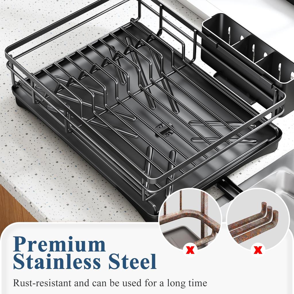 Dish Drying Rack for Kitchen Counter - Large Dish Rack with Drainboard, Rustproof Dish Drainer with Utensil Holder for Sink