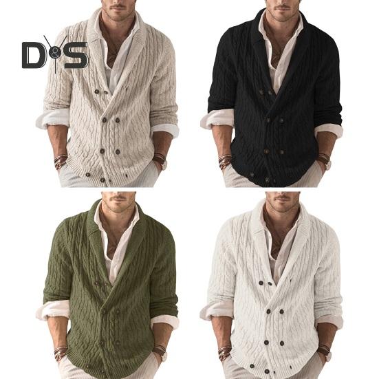 Осінь-зима Чоловічий светр Двобортний ґудзики з лацканами з довгими рукавами Крученої текстури Однотонне товсте еластичне в’язане пальто