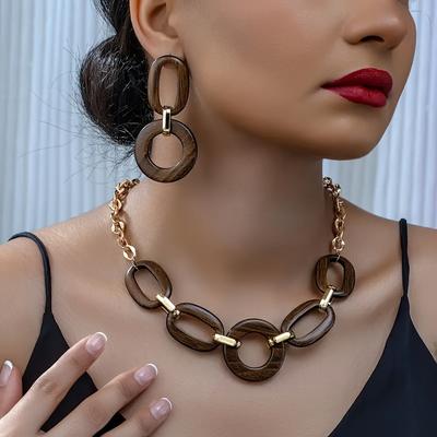 Geometrisches Schmuckset aus Holz, Bohemian-Stil, Retro-Western-Design, Statement-Kombination aus übergroßen Ohrringen und Halskette, modisches Accessoire für Frauen