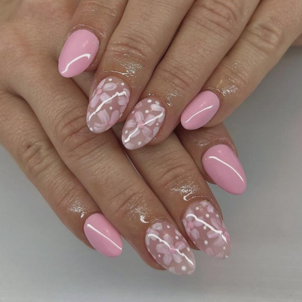 24Pcs Almond Press On Nail Flower Design French Fake Nail Acrylic False Nail,Artificial Nail Glues On Nail for Womens