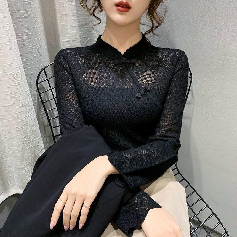 

Женская однотонная рубашка с воротником-ципао на пуговицах - Универсальный модный топ Осень/Зима 2025 M (Recommended 48-53kg)