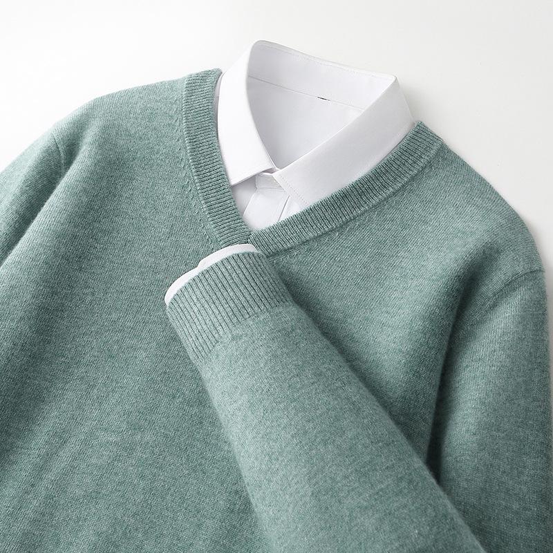 Men's V-Neck 100% Pure Wool Sweater - Solid Color, Short/Long Sleeve, Cashmere Knit Base Layer for Autumn/Winter