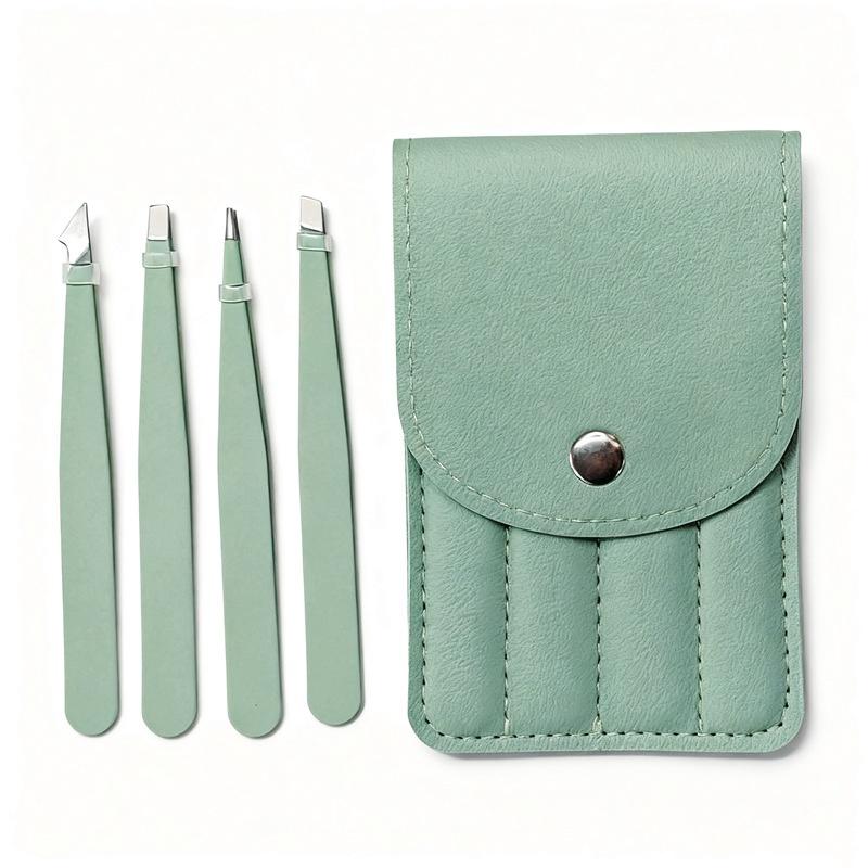 Colorful Stainless Steel 4 Pcs Tweezer Set For Women And Men's Eyebrows & Eyelashes Comes With Storage Bag