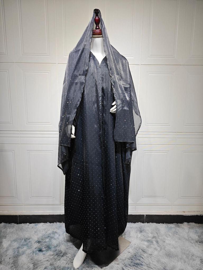 MQ197 Modest Dubai Abaya Set: Long Robe Coat with Hot Drill Details & Headscarf