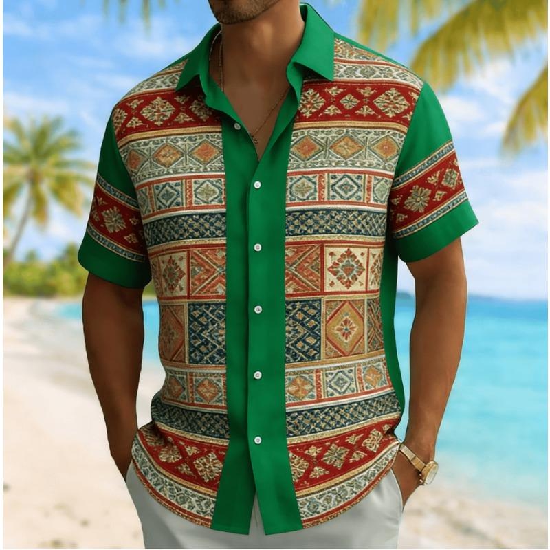 Men's Vintage Ethnic Patchwork Print Short Sleeve Shirt, Spring Summer Casual Vacation Turn-Down Collar Blouse, Loose Fit Top