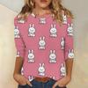 T-shirt Casual Alla Moda da Donna con Stampa di Coniglietti Pasquali e Uova, Scollo, Manica a Tre Quarti