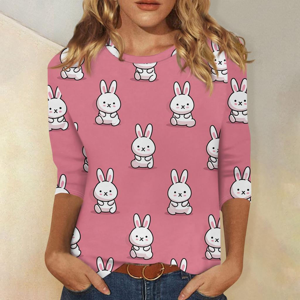 T-shirt Casual Alla Moda da Donna con Stampa di Coniglietti Pasquali e Uova, Scollo, Manica a Tre Quarti