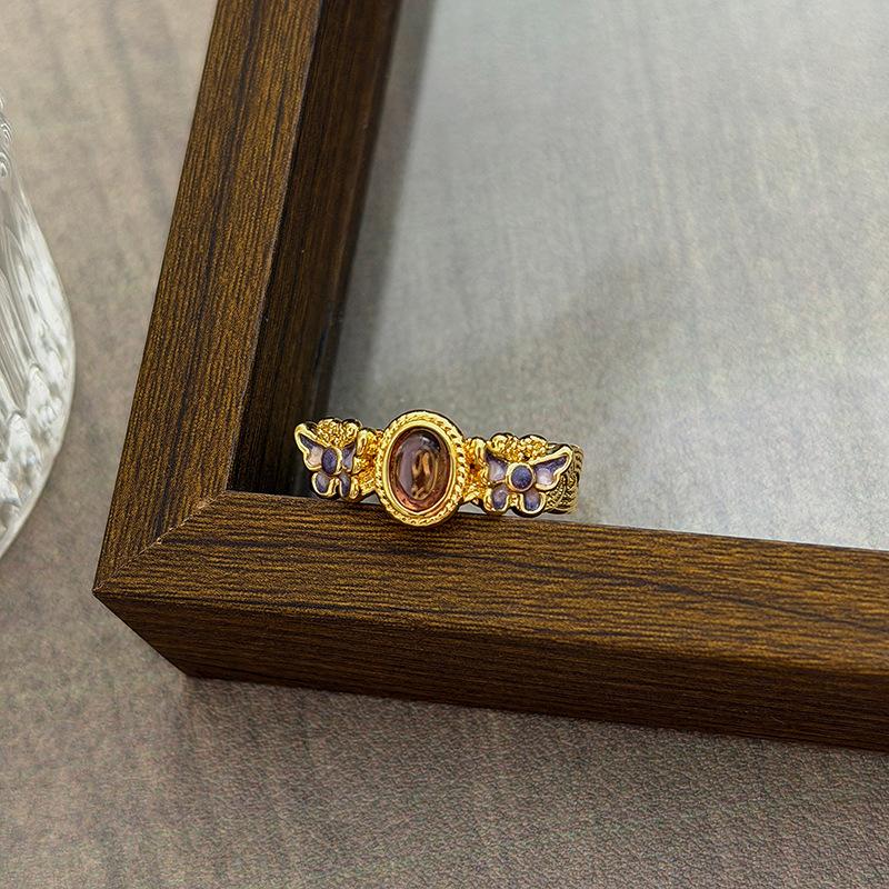 Medieval Vintage Court Style Light Luxury Retro Flower Auspicious Cloud Purple Enamel Open Ring Niche Stacked Wearing Woman