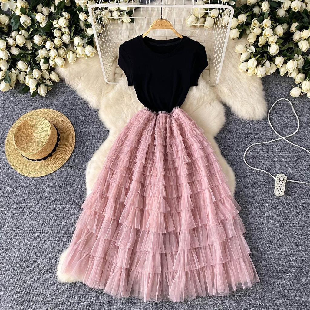 European and American style light luxury high-end dress women's summer mesh stitching design sense waist thin super fairy dress