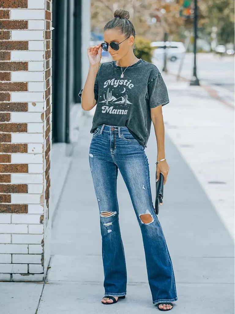 Women's Ripped High-Waisted Slimming Micro-Flare Jeans 2025 Fashion Washed