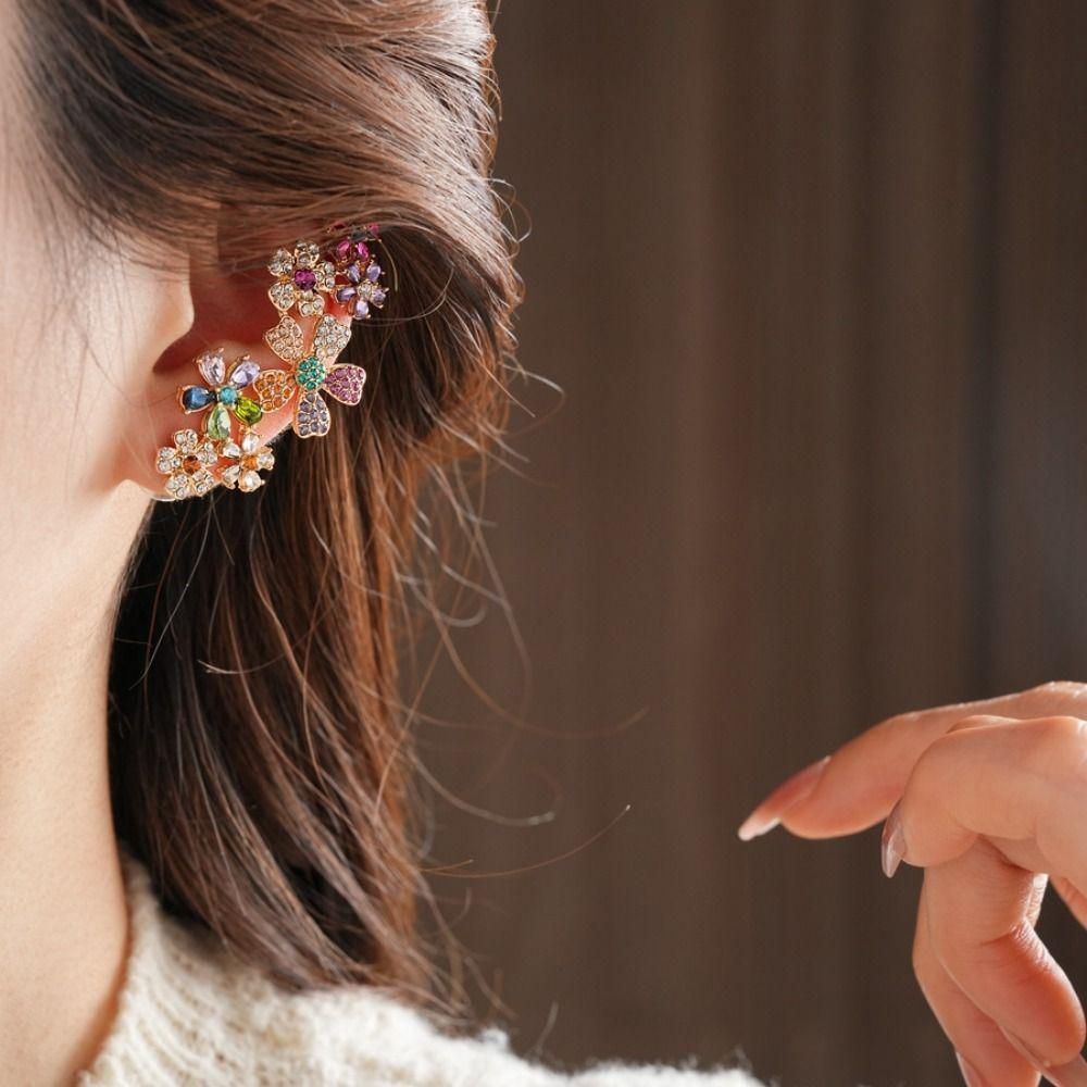 Elegant Sweet Rhinestone Flower Earrings Hollow Out Ear Jewelry Shining Flower Earrings Ornaments Colored Sweet Ear Clips Gift