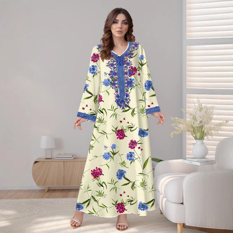 Large Size Women's Dress Hot Sale Printed V-Neck Imitation Decal Long Sleeve Long Dress