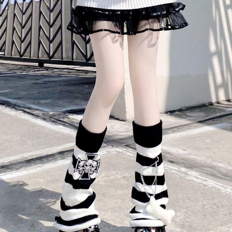 Calentadores de Piernas de Punto Rayados Góticos Punk Calaveras Cruces Adornos Cubre Pies Piernas Calcetines Largos Holgados Acampanados para Mujeres Niñas