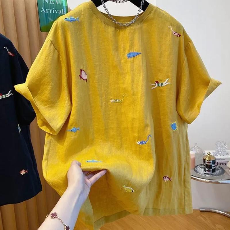 

Embroidered Cotton Linen Short-sleeved T-shirt Summer Loose Casual Round Neck Top for Women 4XL