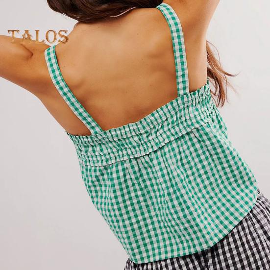 Sexy Weste für Damen, kariertes Sling-Top mit Schnürdetail, lockere Passform, kurze Tanktops, verstellbare Brustdekoration