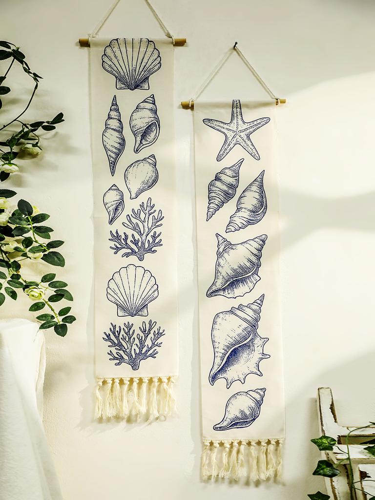 Boho Shell & Conch Wall Tapestry, White Hanging Decor Tapestries with Tassel, Beach Style Home Wall Art for Bedroom, Living Room