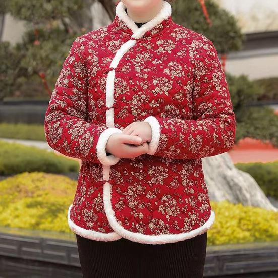 Dámské Zimní Bavlněný kabát Květinový potisk Bez rukávů Čínský etnický styl Barevně ladící Polstrovaný Tlustý plyš Teplý jednořadý dámský kabát větší velikosti