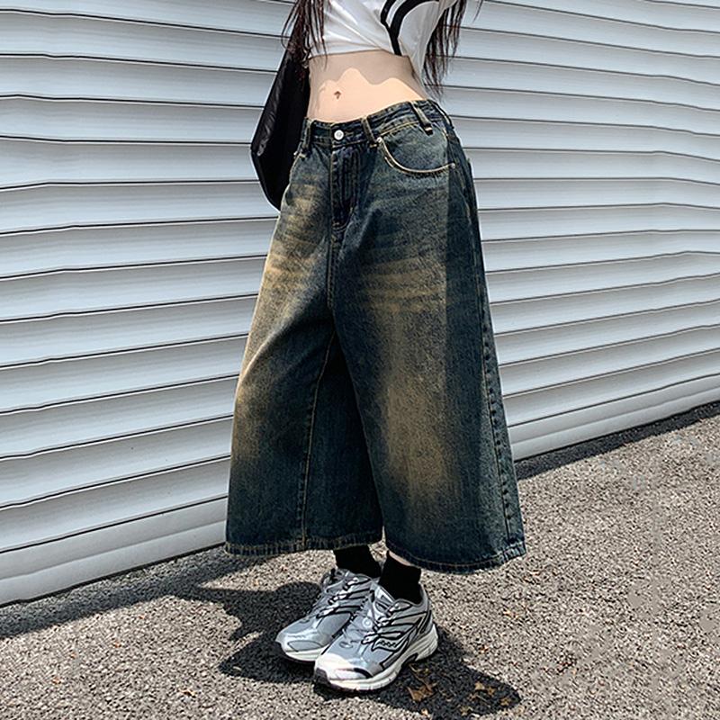 Streetwear Y2k Style Baggy Denim Shorts Women Wide Leg Short Pants Fashion High Waisted Wash Knee Length Jeans Female