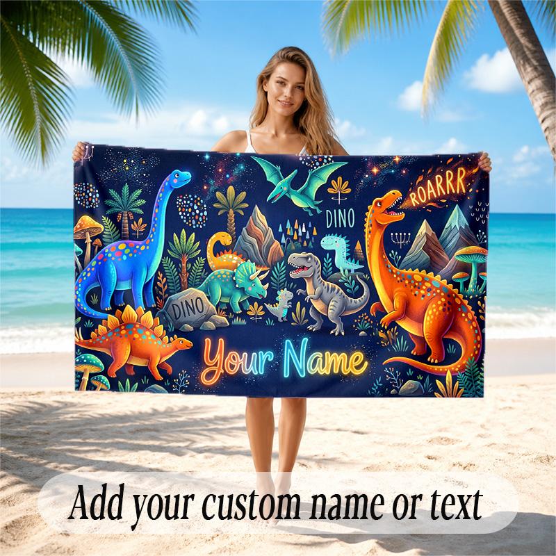 Dinosaur Theme Quick Dry Beach Towel Custom Name Text Print Large Sand Resistant Towel Beach Vacation