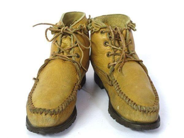 70s-80s USA Vintage/Fringe Moccasin Boots/7/Yellow Brown/Vibram Depose Montagna Sole(USED)