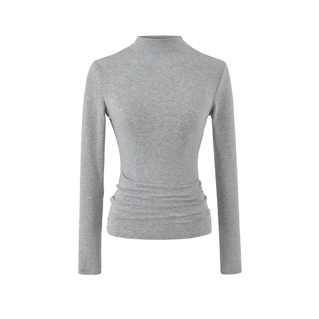 Women's Slim Fit Long Sleeve Cashmere T-Shirt with Half-High Collar for Spring and Autumn